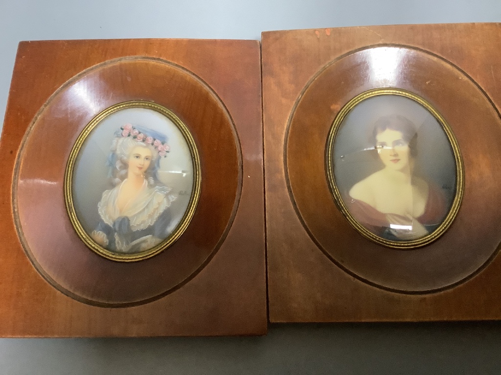 Two Victorian tortoiseshell card cases, a simulated tortoiseshell snuff box and ten framed portrait miniatures.